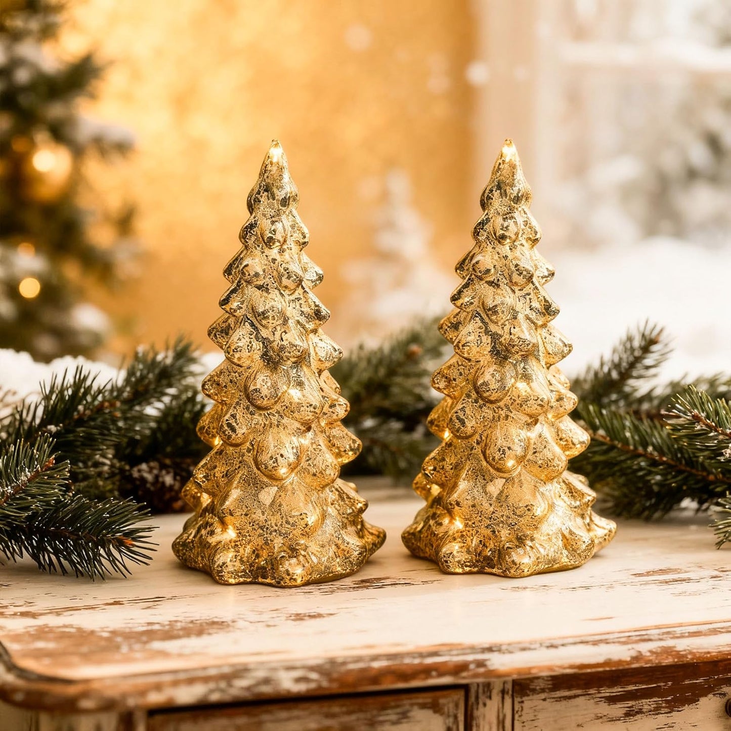 Regine Switzerland Mercury Glass Christmas Tree Set - Gold Collectible Figurines with LED | Indoor Table Centerpiece Decorations