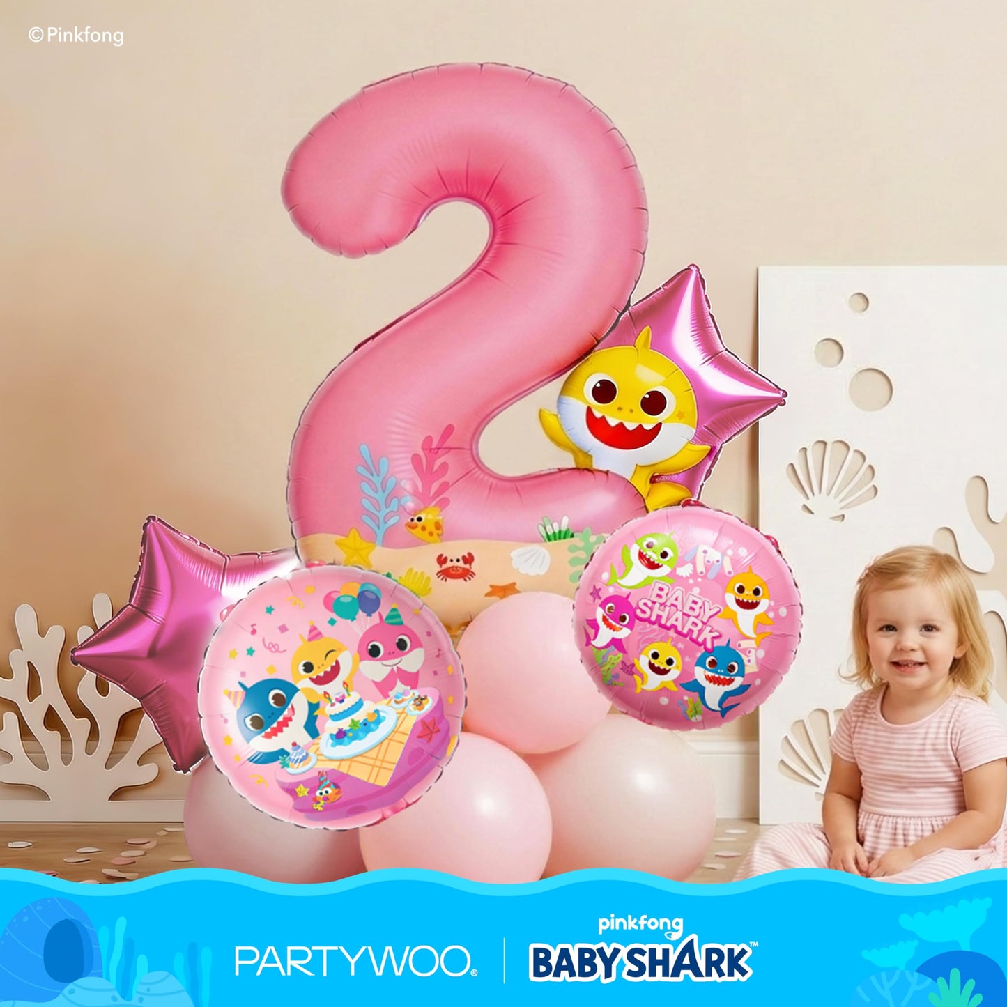 PartyWoo Baby Shark Pink Foil Number 2 Balloon 40 Inch Pink Mylar Helium Birthday Number Balloons for Girls and Boys Baby Shark Under the Sea Ocean Theme Kids Second Birthday Party Decorations