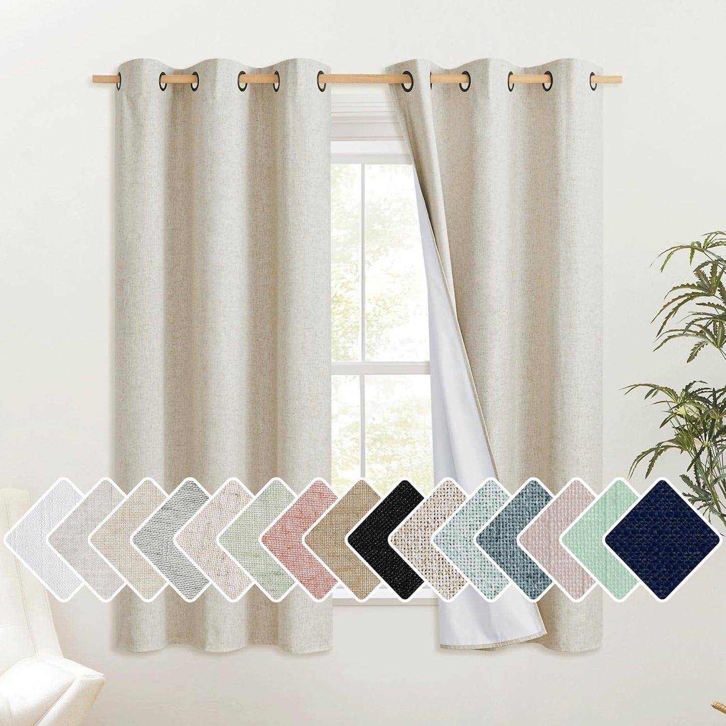 NICETOWN Blackout Curtains - Natural Thick Linen Blend with White Liners | Thermal Insulated Draperies (2 Panels, 42" W x 63" L)