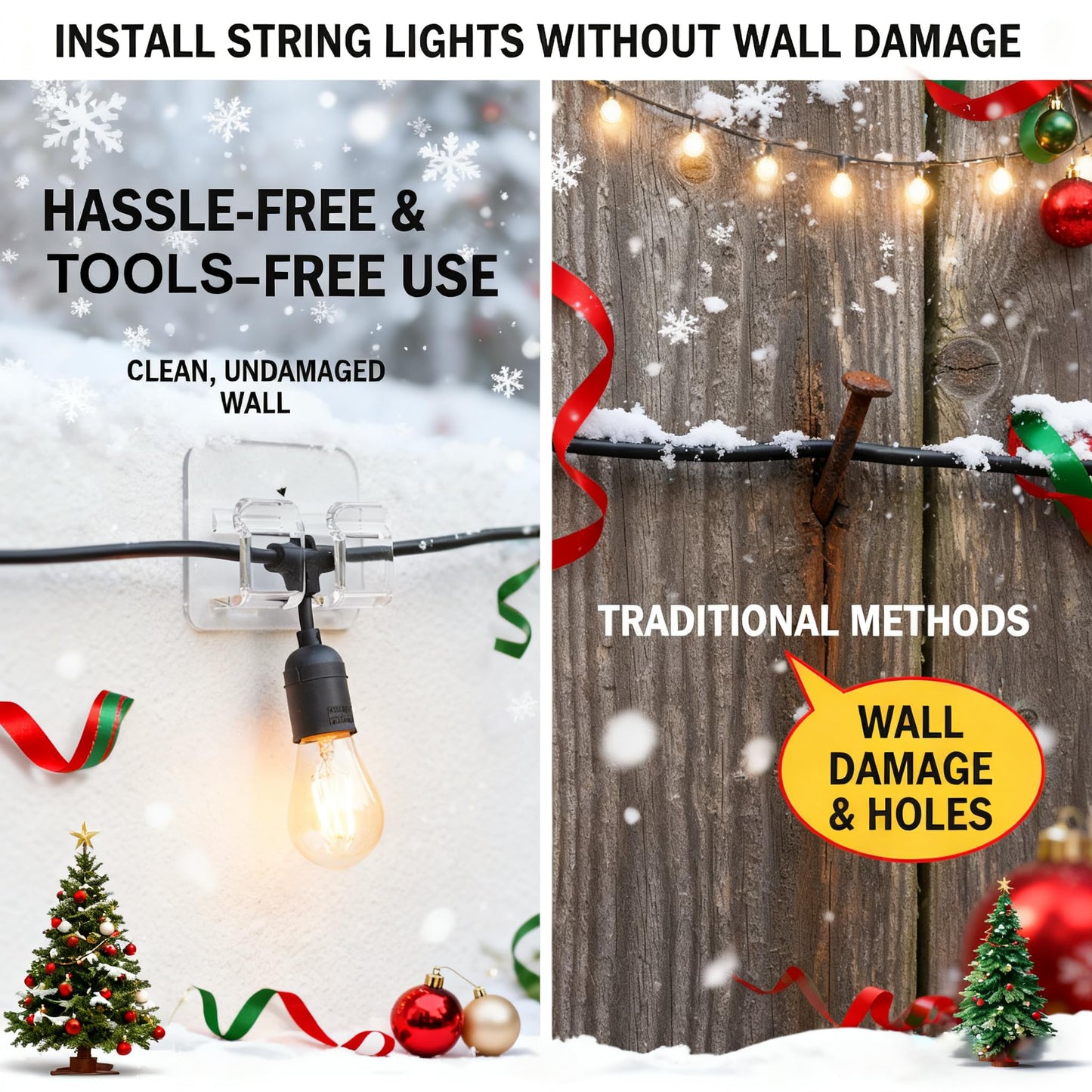 AFFAVON 40 Pack Large Outdoor String Light Hooks - Reusable & Waterproof Adhesive Clips for Patio & Garden - Damage-Free, Clear Wire Holders for Christmas Garland, Decoration & Cable Management