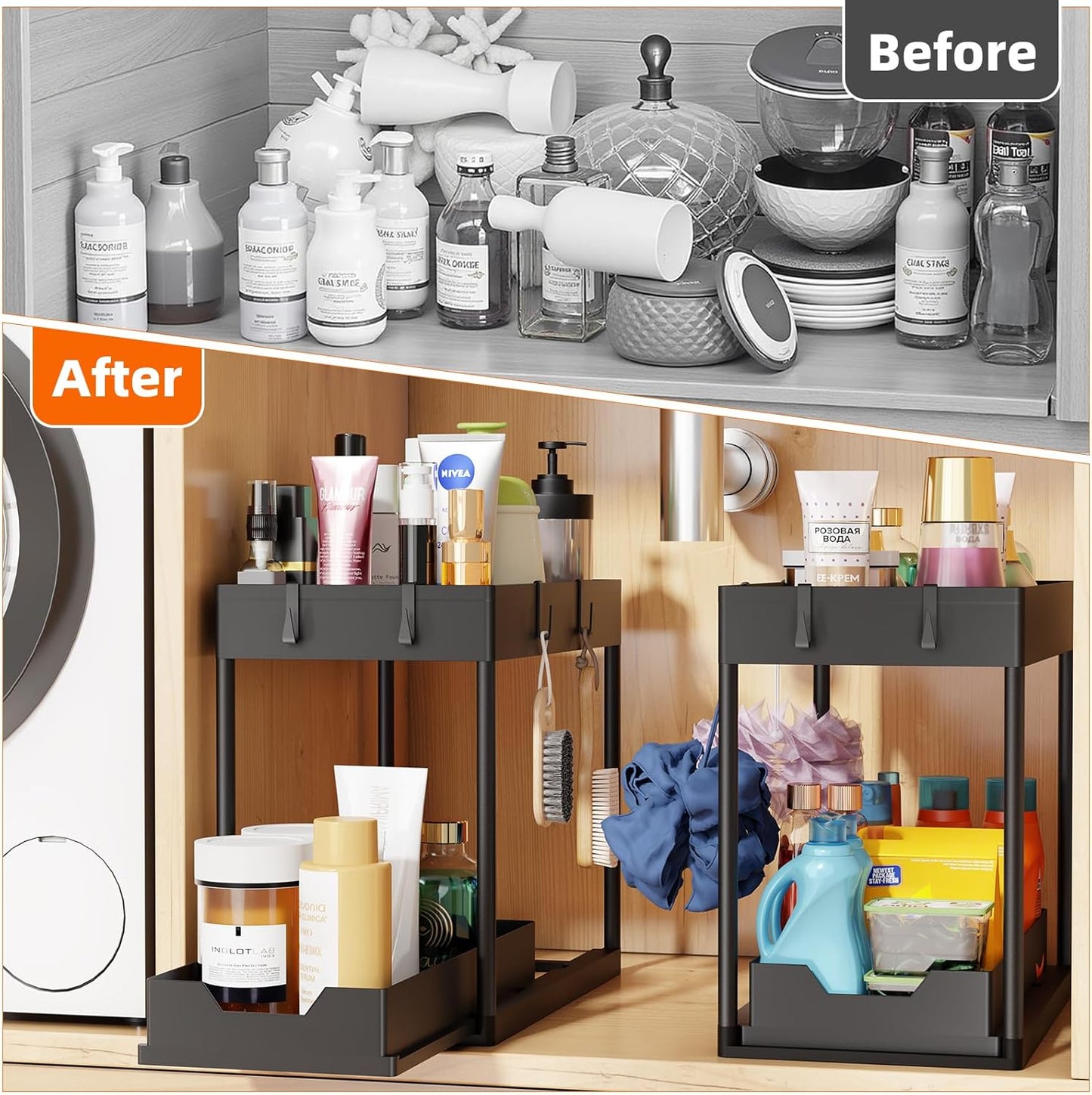 Simple Trending Under Sink Organizer - 2-Pack Pull-Out Sliding Storage Cabinet | 2-Tier Kitchen & Bathroom Organizer in Black