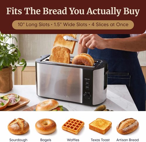 Elite Gourmet ECT-3100 4-Slice Toaster - Extra Wide Slots for Bagels & Sourdough | 6 Browning Settings | Stainless Steel