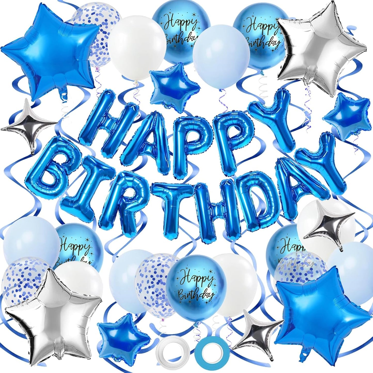 3D Foil Blue Happy Birthday Balloon Banner by [Brand Name] - Star Balloons & Confetti for All Ages