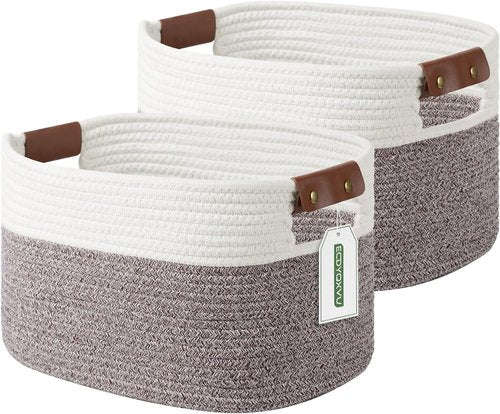 ECDYQXVU Cotton Rope Basket - Woven Storage Baskets with Handles for Shelves | 15x10x9 Inch, White & Brown (2 Pack)