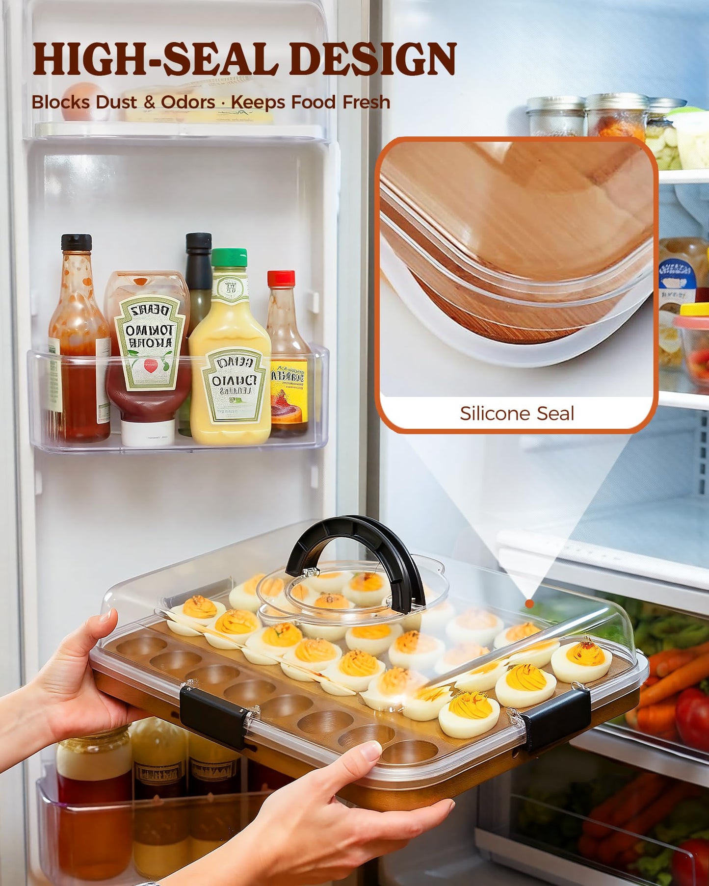 Sevenblue Acacia Wood Deviled Egg Containers with Lid and Handle, Portable Deviled Egg Platter for Easter, Potlucks & Party, Reversible Charcuterie Board Cutting Board