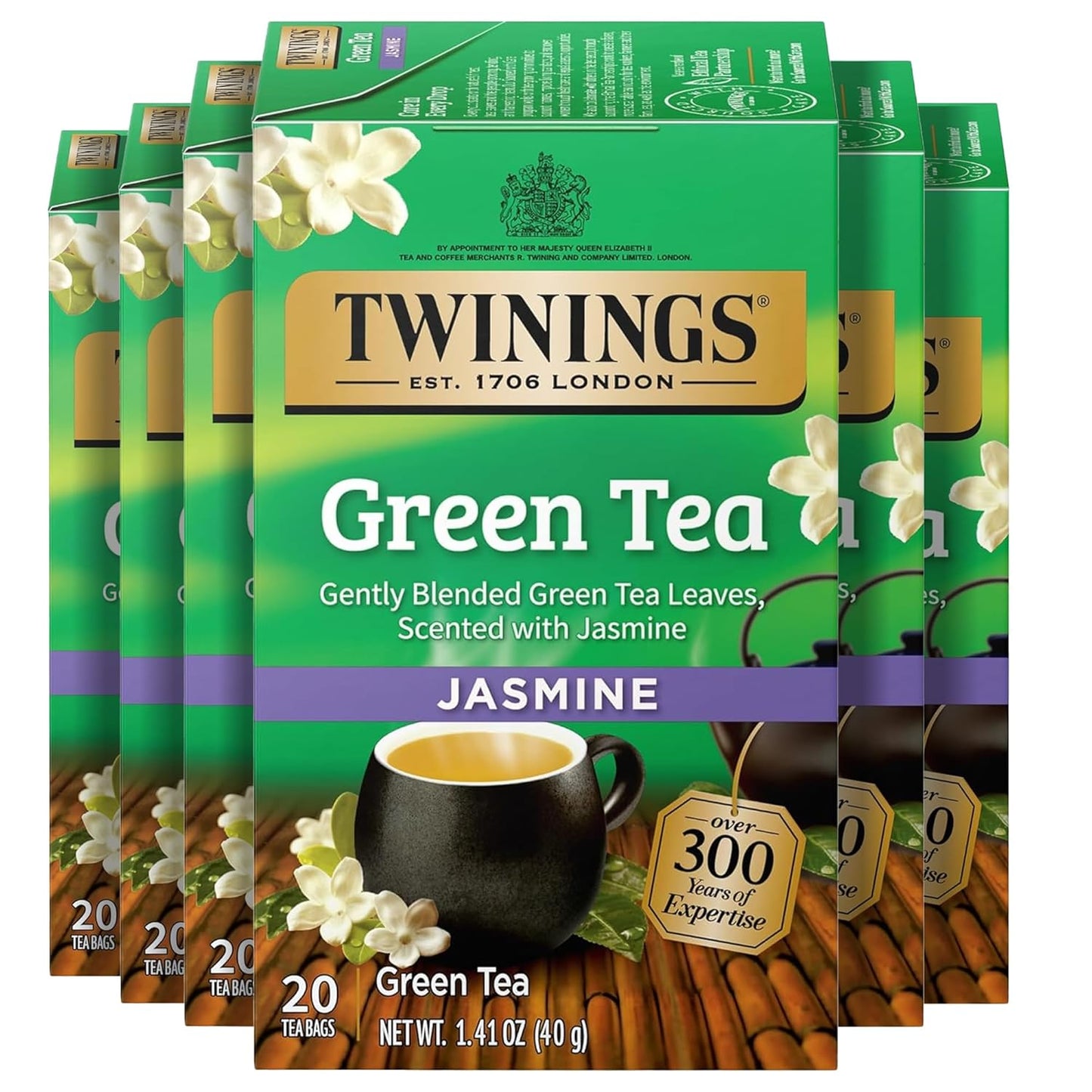 Twinings Green Tea - Jasmine Flavor, Individually Wrapped Bags, 20 Count (Pack of 6) - Caffeinated & Refreshing