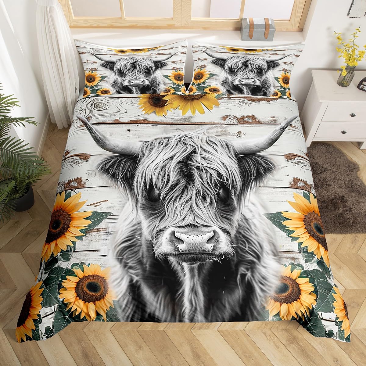 Highland Cow Bedding Set Kids Farm Highland Cattle Comforter Cover Set for Girls Women Sunflower Farmhouse Style Duvet Cover King Size Breathable Wood Grain Bedspread Cover Room Decor Quilt Cover