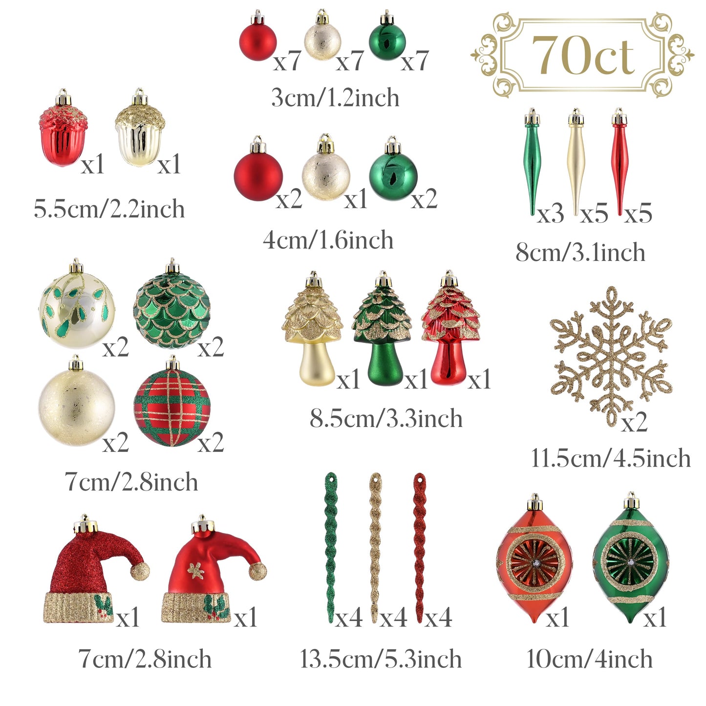 Valery Madelyn Ornaments for Christmas Trees, 70ct Red Green and Gold Shatterproof Christmas Tree Decorations, Traditional Country Hanging Ball Ornaments Bulk for Xmas Holiday Decor