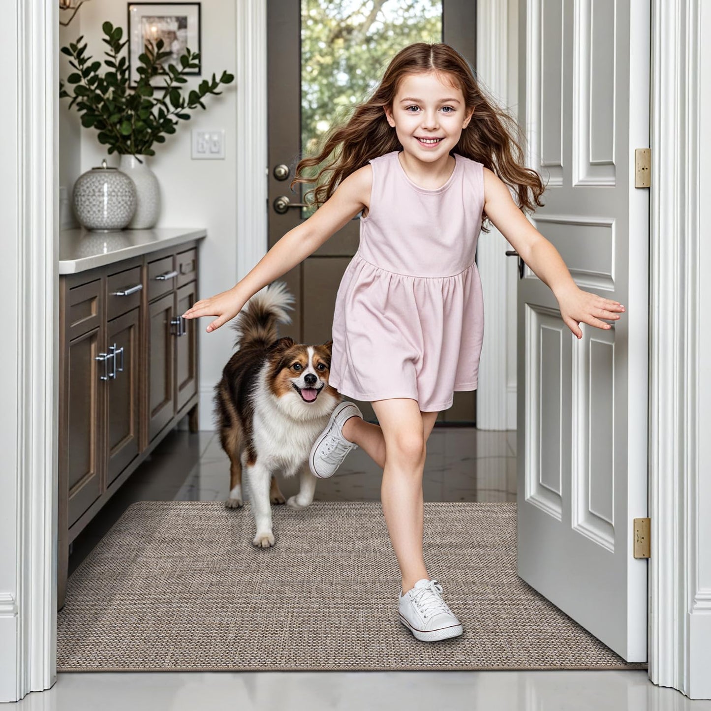 LUMI Ultra Thin Indoor Door Mat - 24"x36" Low Profile Non-Slip Rubber Backing | Easy-Clean Khaki Welcome Mat