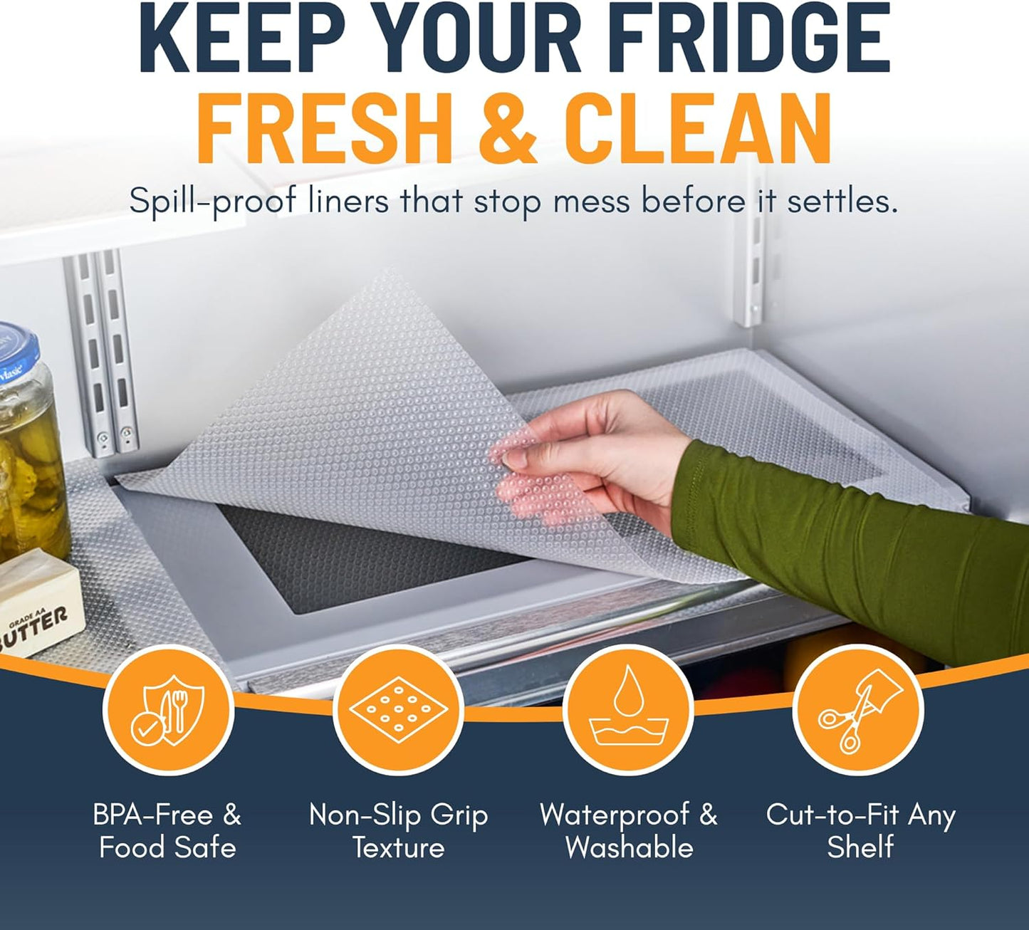 Linda’s Essentials Refrigerator Liners - Non-Adhesive, BPA-Free Shelf Mats | 8 Pack, Easy to Clean, Clear