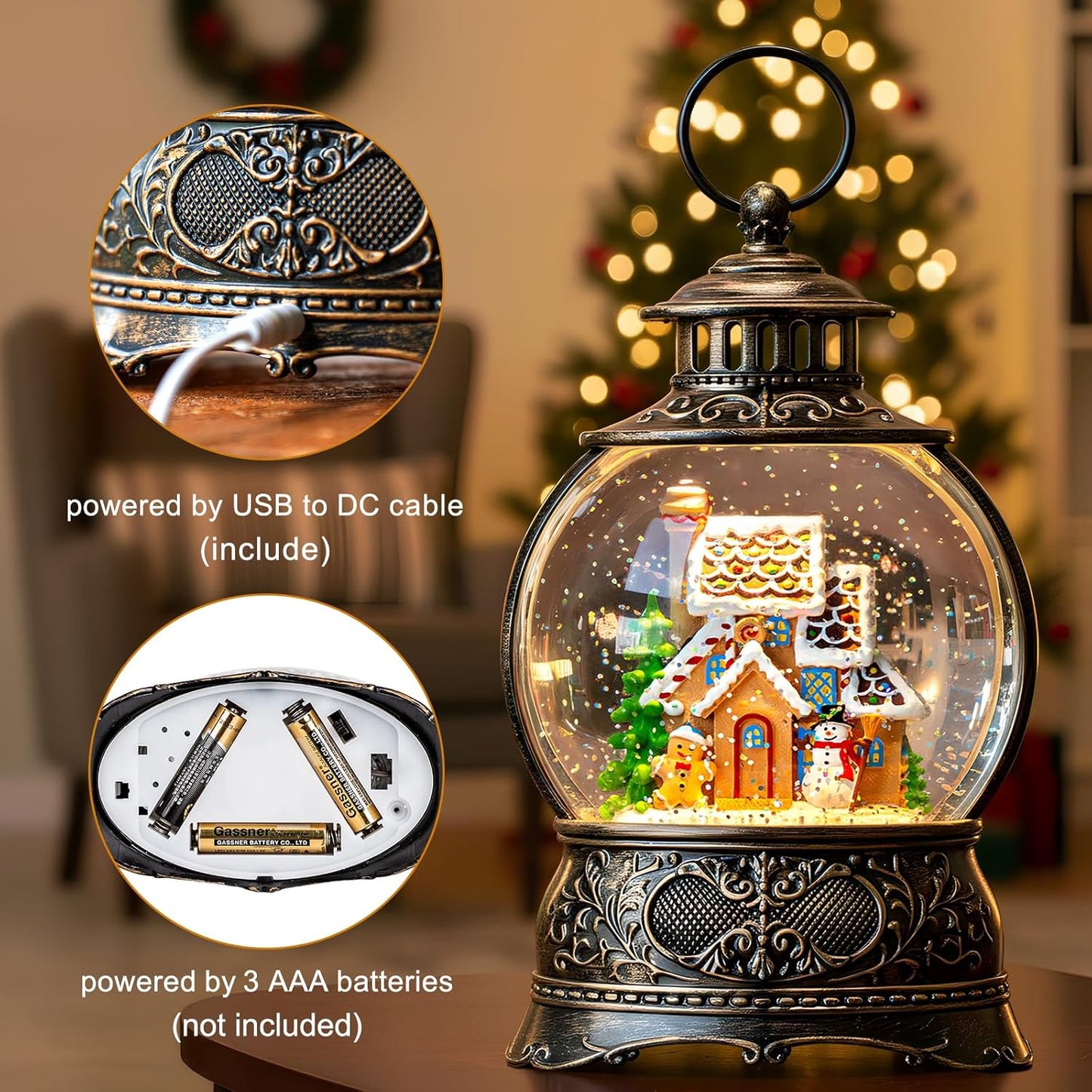 Skiennix Christmas Snow Globe - Gingerbread Man & Snowman Water Lantern with Music & 6H Timer