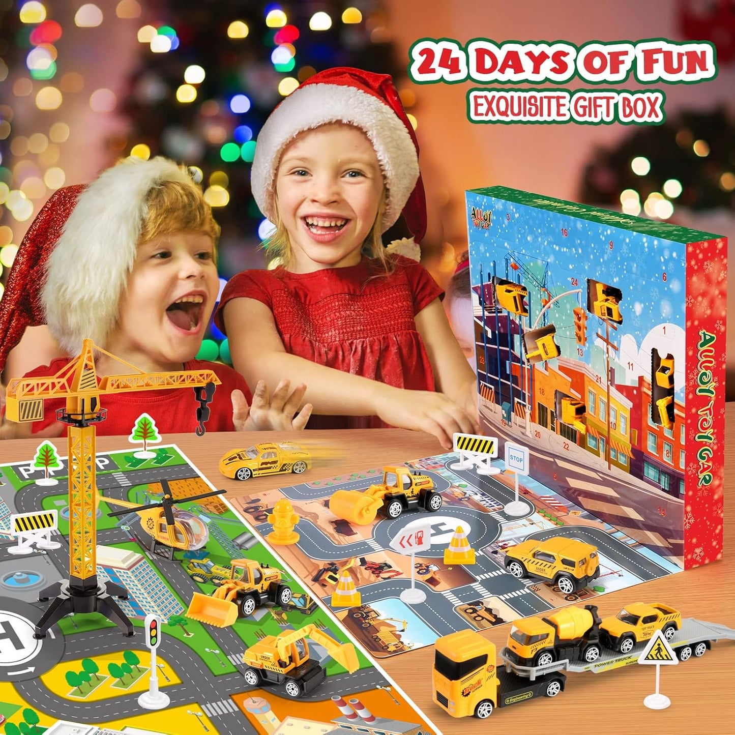 Advent Calendar - Alloy Construction Engineering Vehicle Toy Set with 2 Mats | Christmas Gifts for Boys Ages 3-8 (Yellow)