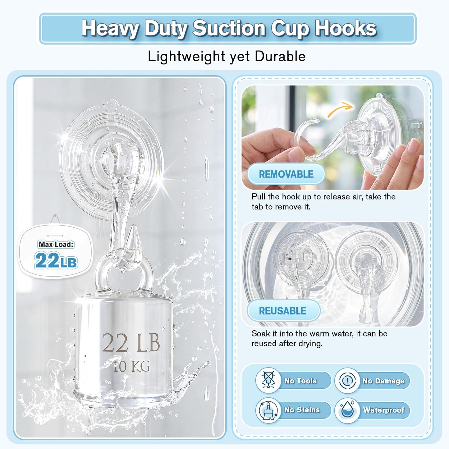 VIS'V Large Suction Cup Hooks with Wipes, Heavy Duty, Removable and Reusable, Clear, 5 Pcs