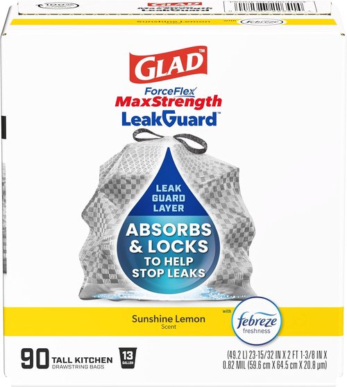 Glad ForceFlex MaxStrength Trash Bags - 13 Gallon, LeakGuard, Sunshine Lemon Scent, 90 Count