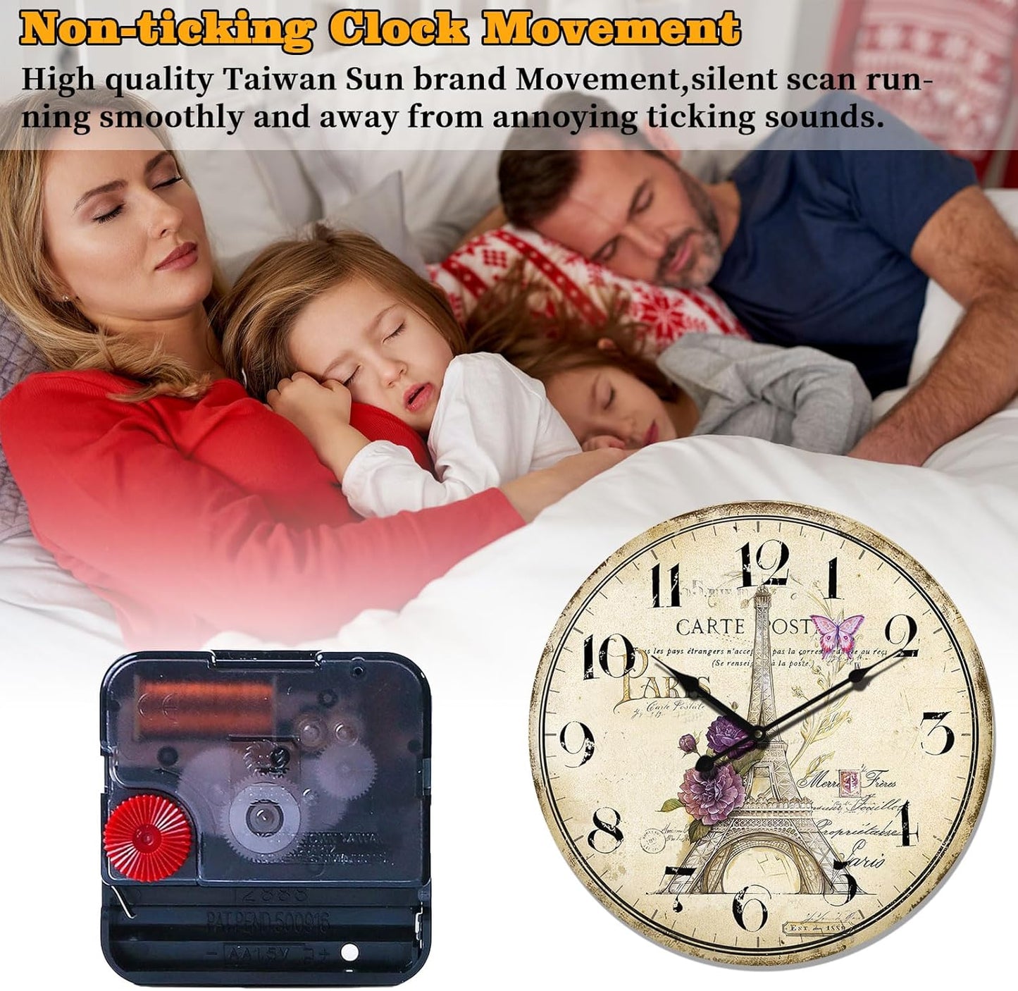 12-Inch Retro Paris Eiffel Tower Wall Clock - Silent Battery Operated Decor for Kitchen & Living Room