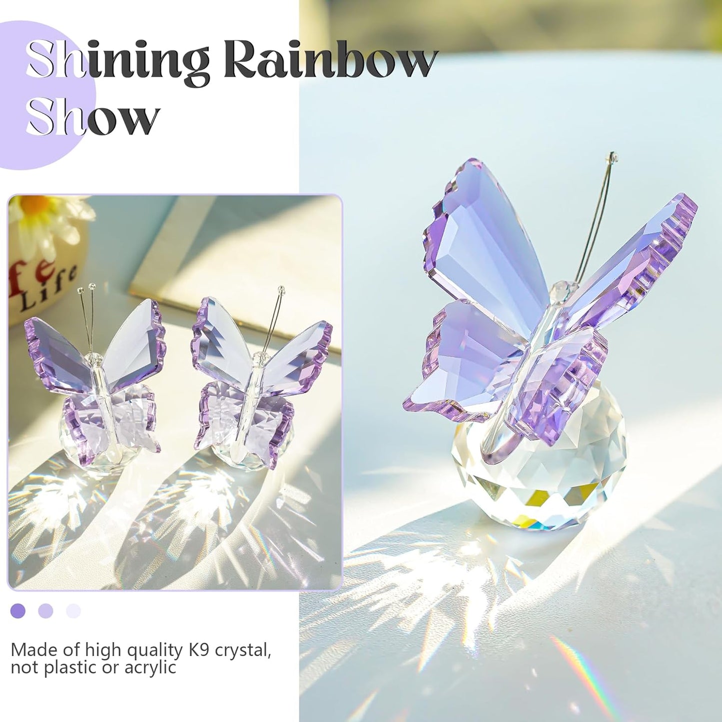 Kanpura Crystal Butterfly Figurines - 2 Pcs Glass Statues with Ball Base for Home Christmas Decor | Purple