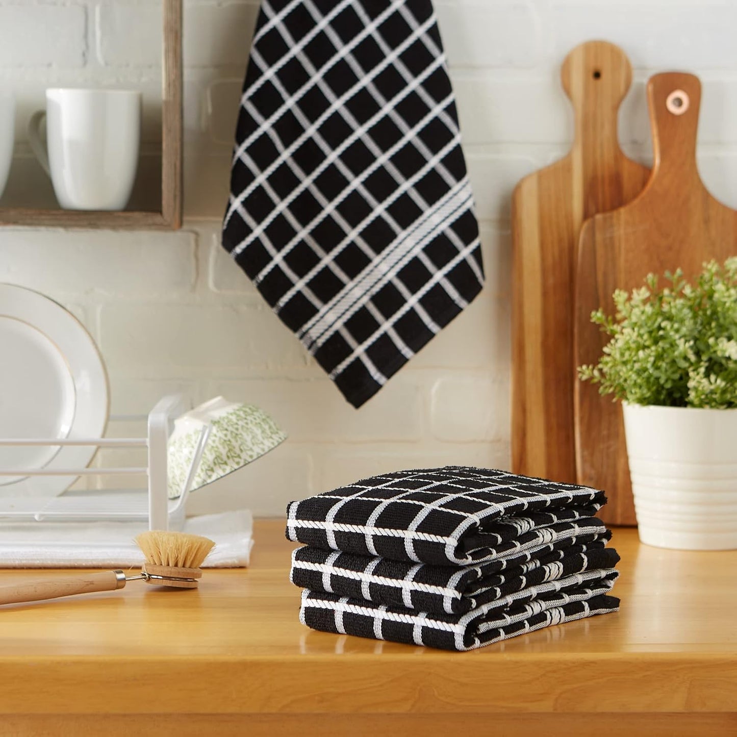 Black Check Windowpane Dishtowel Set - 4-Piece Terry Collection, 16x26