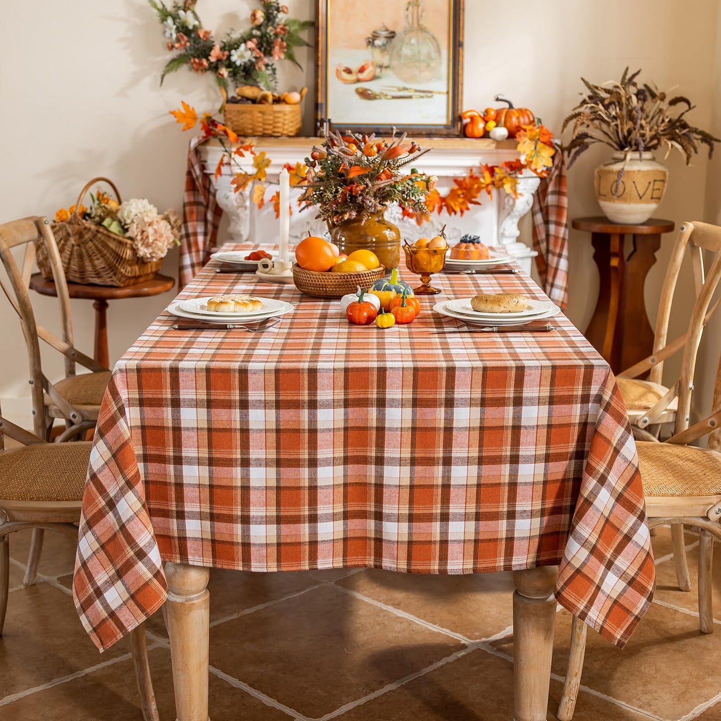 Joyfol Day 55x102 Inch Thanksgiving Tablecloth - Rust Tartan Rectangle Table Cover, Washable Fall Decor for Holiday Parties (Kitchen/Dining)