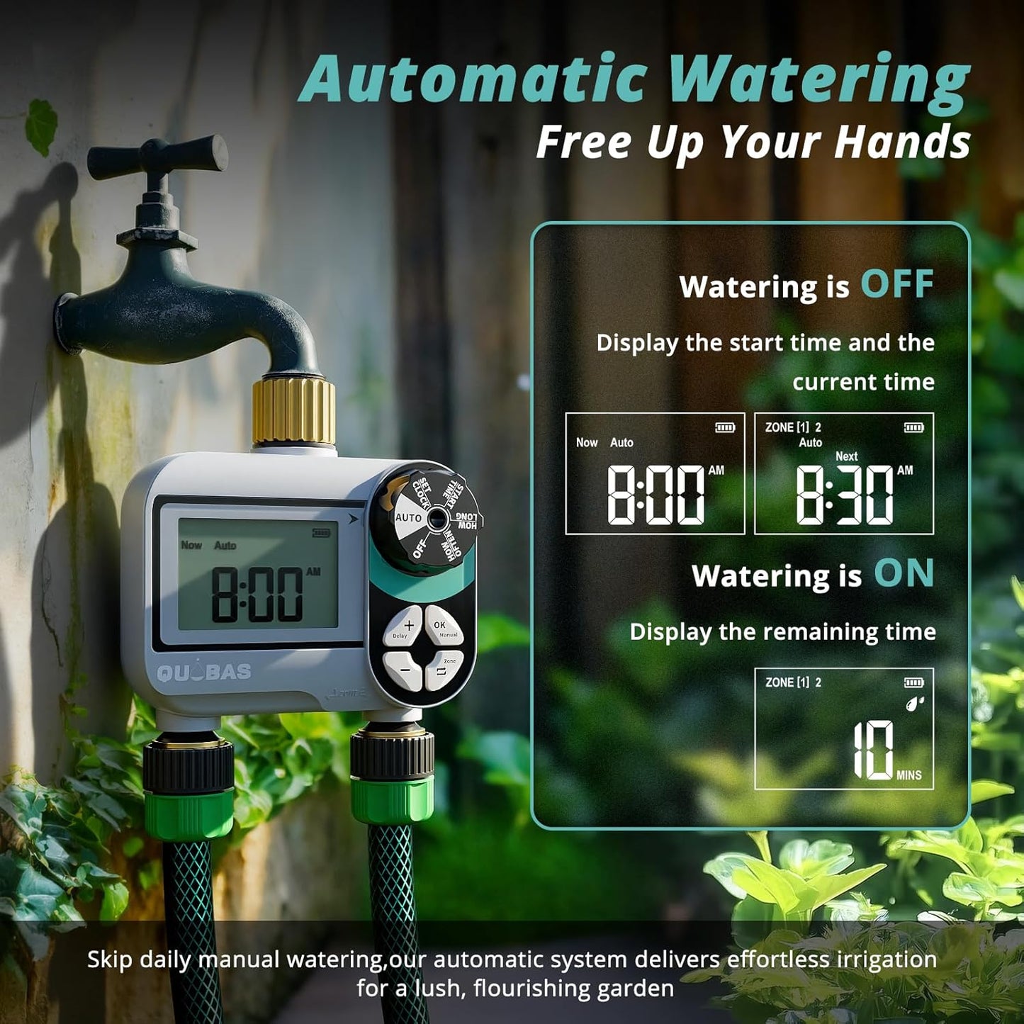 QUOBAS Brass Sprinkler Timer - Programmable Water Hose Timer with Waterproof LCD Screen | 2 Zone Irrigation System for Garden, Lawn, Yard