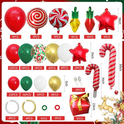 JANEF 135pcs Christmas Balloon Garland Arch Kit with Foil Candy Stars Cane Gift Box Balloons for Christmas Holiday Birthday Xmas Supplies Party Decoration