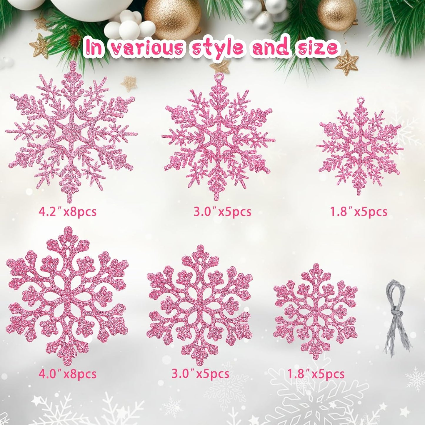 Skiennix 36pcs Christmas Light Pink Snowflake Ornaments - Glittery Plastic Decorations for Winter Trees
