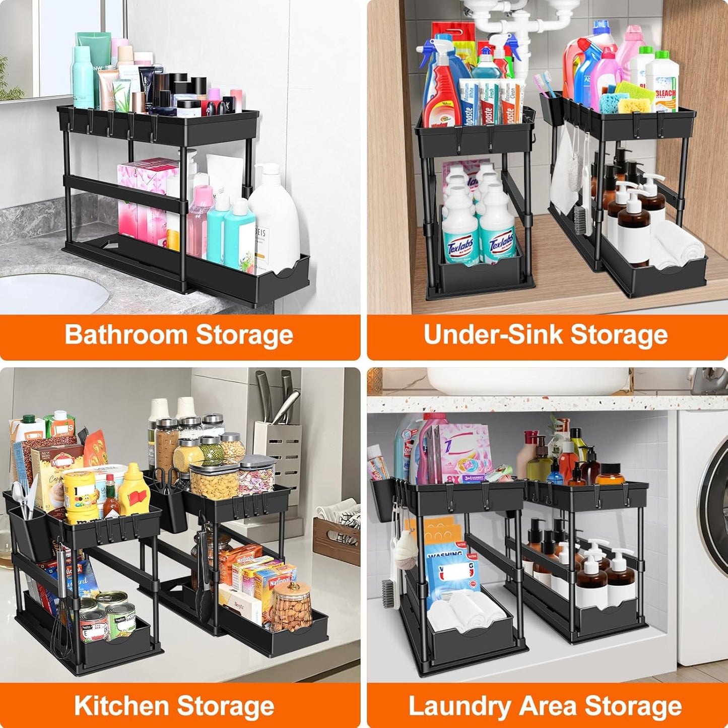 JPart Under Sink Organizer - 2-Tier Kitchen & Bathroom Storage with Sliding Drawers | Durable Design, 2 Pack
