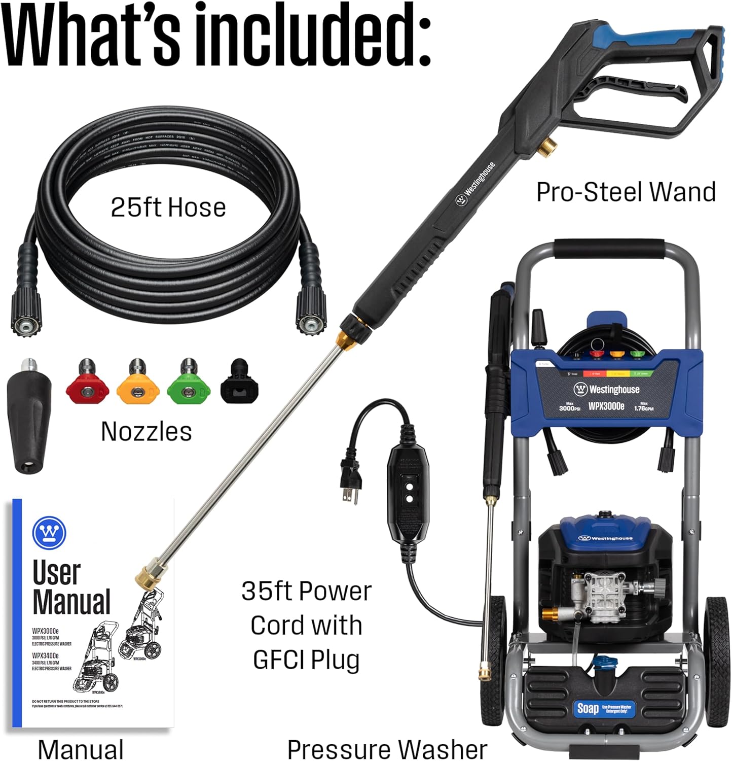 Westinghouse WPX3000e Electric Pressure Washer - 3000 PSI, Induction Motor, Onboard Soap Tank, 5 Nozzle Set