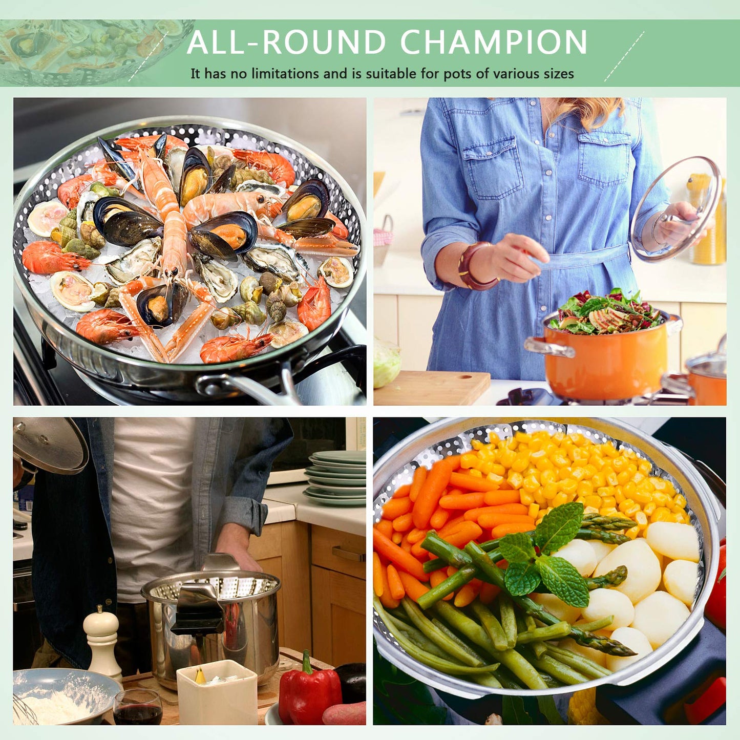Buylorco Stainless Steel Folding Vegetable Steamer Insert Steamer Cookware for Veggie Seafood Cooking (Fit Pots 7" to 11")