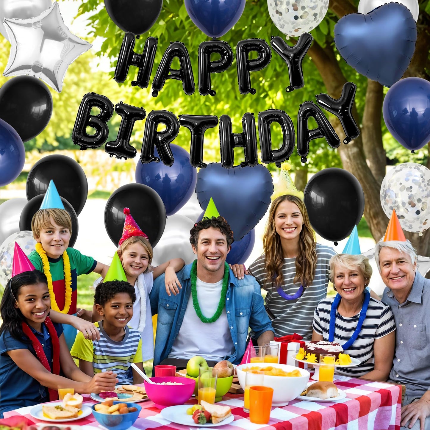 Navy Blue and Black Birthday Decorations for Men,Blue Black White Balloons Happy Birthdays Balloon Banner Silver Confetti Balloons for Men Boy Girls Women Adults Birthday Party Decorations