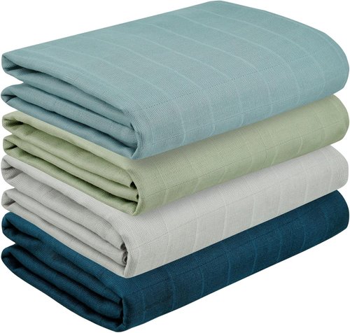 Featherhead™ Cotton Muslin Swaddle Blankets - Soft & Breathable Newborn Essentials | Large 47”x47” (4 Pack - Blue Solids)