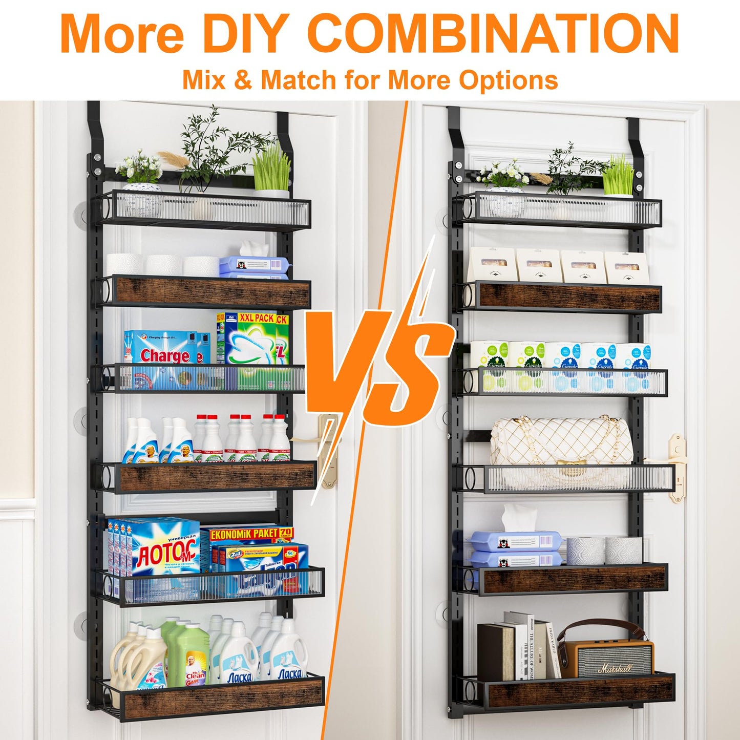 6 Tier Pantry Door Organizer Spice Rack, 2-IN-1 Wall Mount or Hanging Over Door Seasoning Organizer with Adjustable Baskets, Heavy Duty Behind Door Storage Shelves for Pantry, Cabinet and Kitchen