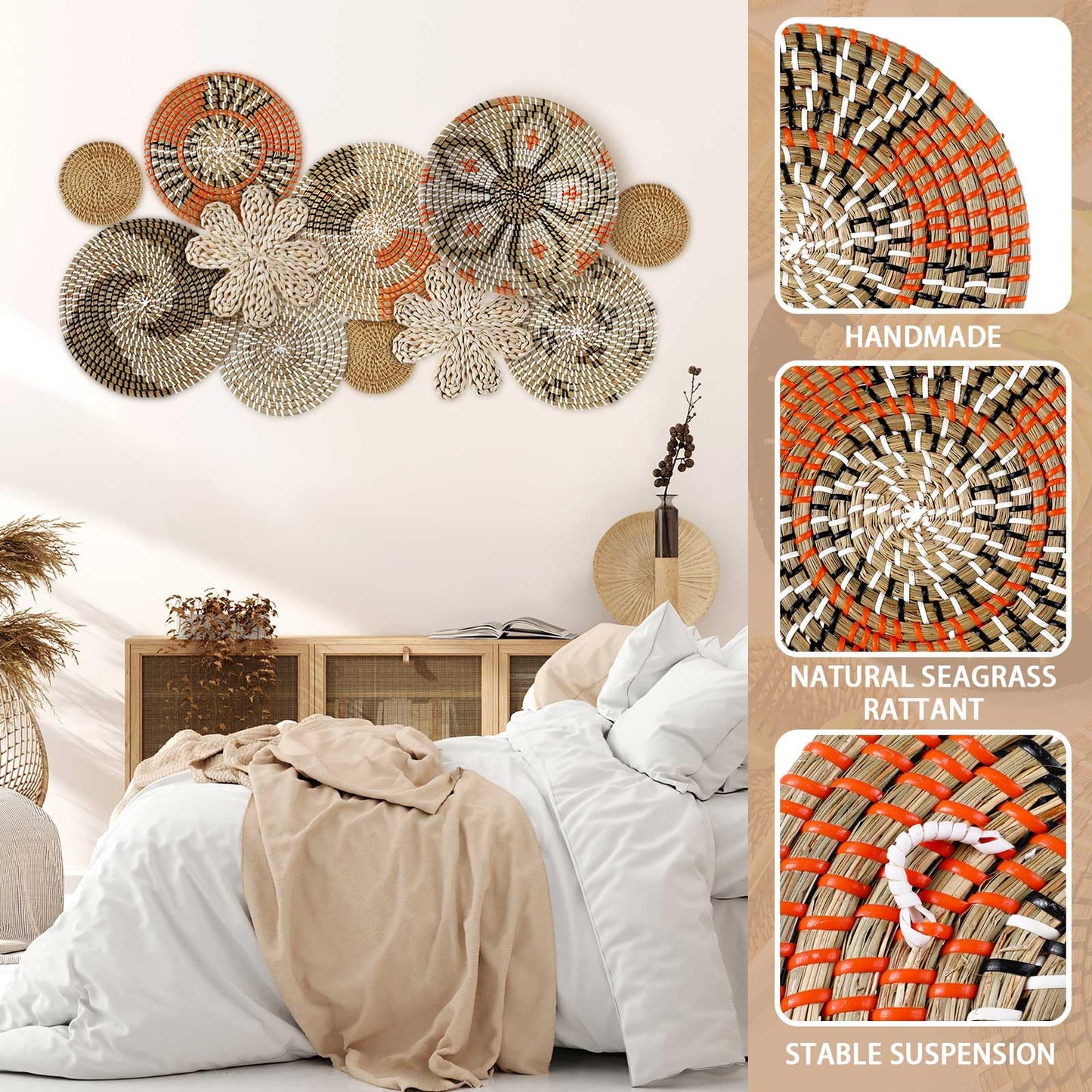 11 Pcs Boho Hanging Wall Basket Decor Handmade Woven Basket Wall Decorative Boho Wicker Baskets Placemats Round Farmhouse Bulrush Art for Rustic Home Decorations Christmas Gift(Cute)