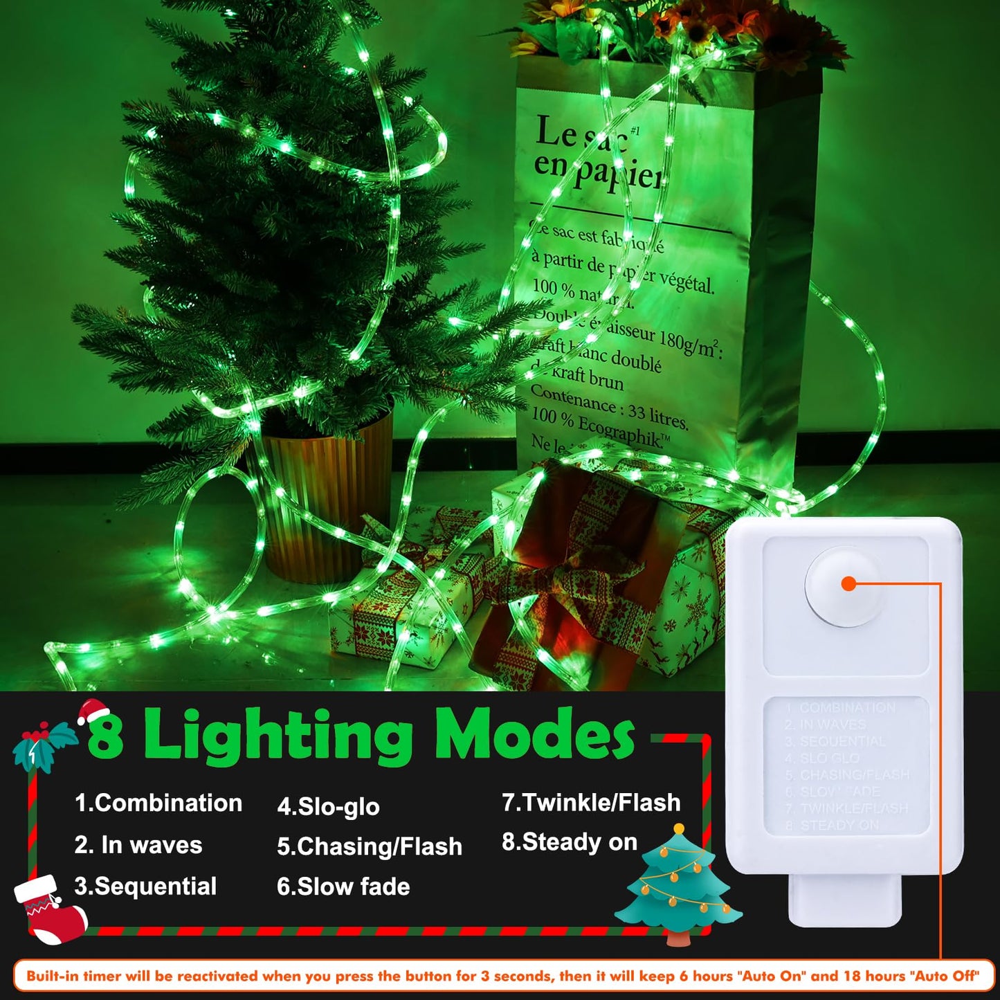 200ft LED Rope Lights Outdoor, 1440 LED Flexible Tube Lights with 8 Modes, Waterproof LED Rope Lighting for Outside, Garden, Patio, Bedroom, Party, Pool, Fences, Indoor Outdoor Decoration (Green)