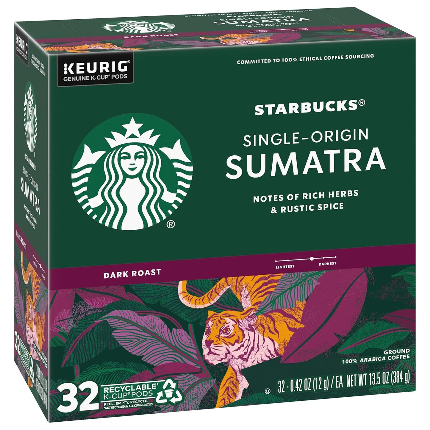 Starbucks K-Cup Pods - Sumatra Dark Roast Single-Origin Coffee - 32 Count (Pack of 4)