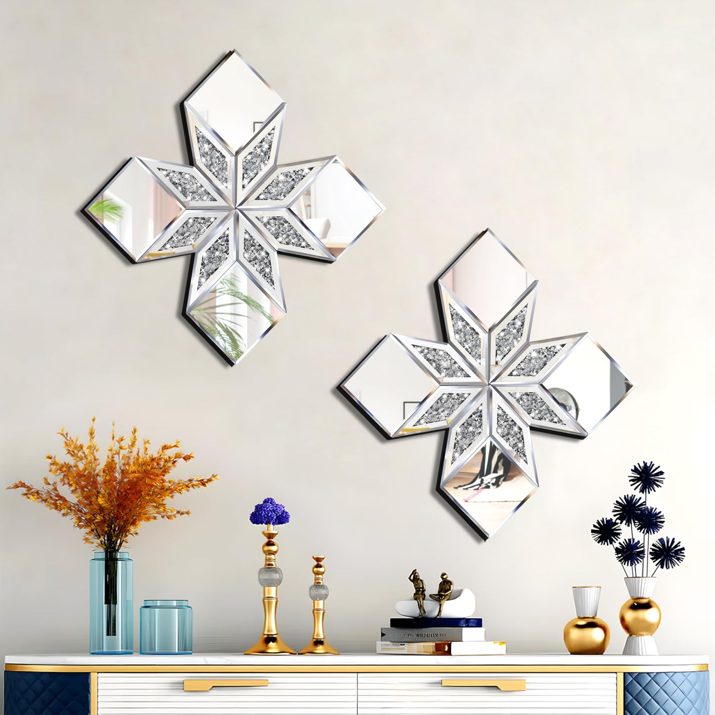 GA Home Crushed Diamond Mirror Wall Decor 2 Pack, 22.25x22.25” Diamond Shape Silver Wall Mirror for Living Room Dining Room Bedroom