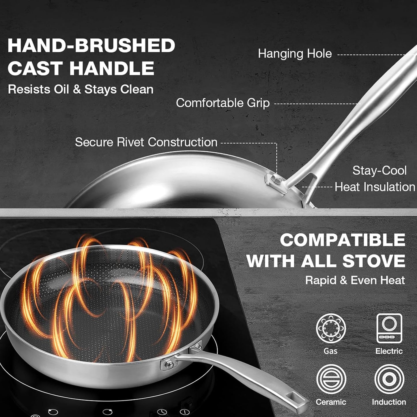 PekGema Hybrid Nonstick Frying Pan - 10-Inch 5-Ply Stainless Steel Skillet | PFAS-Free, Oven-Safe 500°F