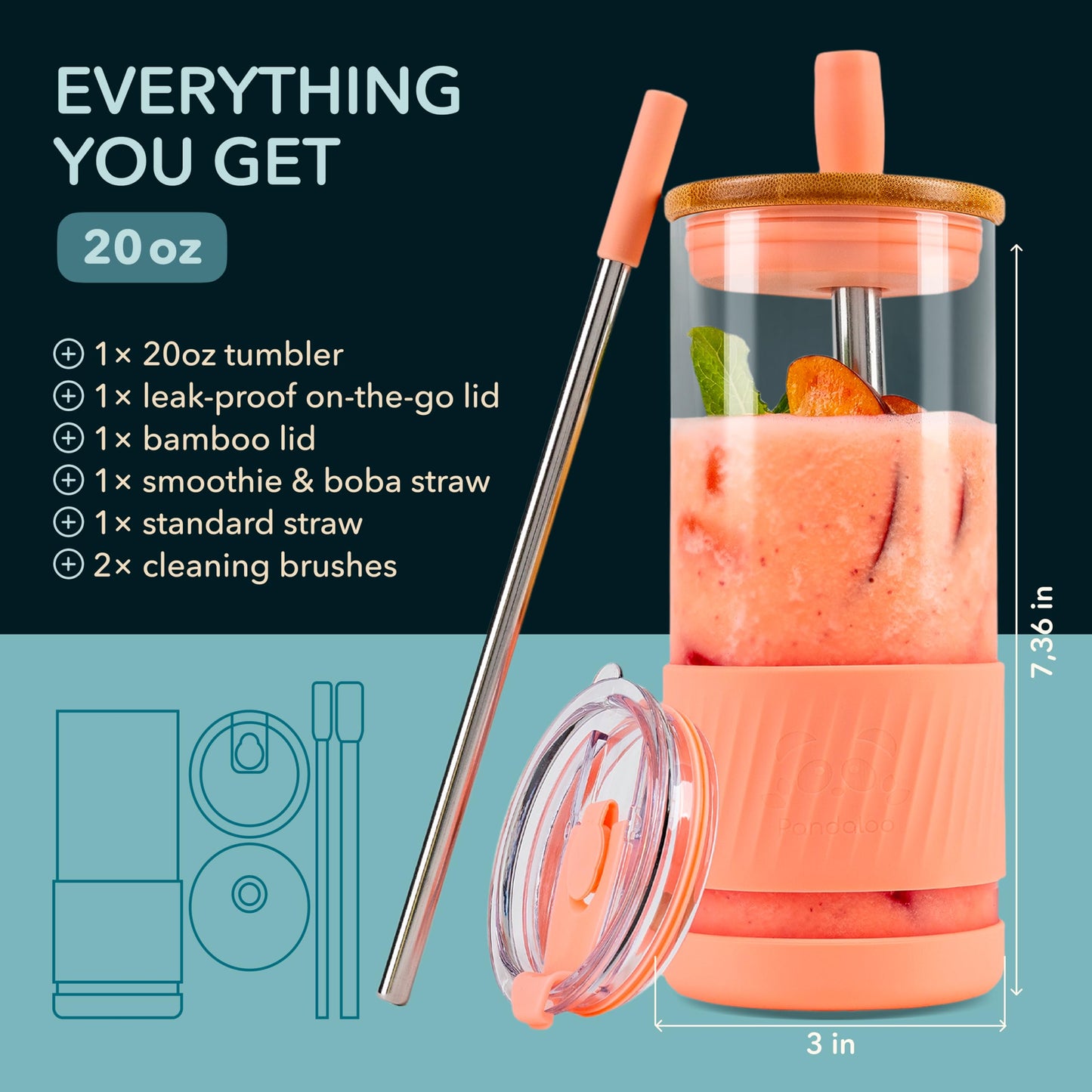 Pandaloo® Glass Cups With Lids and Straws -20 Fl Oz- Perfect Size Iced Coffee Cup - Smoothie Cup With Bamboo Lid and On the go Lid (Peach Fuzz, 1 Count (Pack of 1)