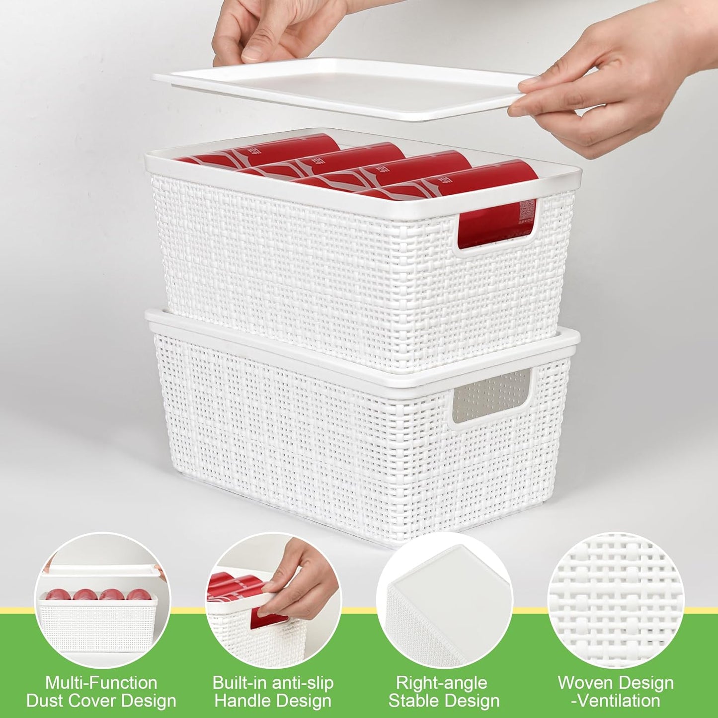 Skiennix 6-Pack Plastic Storage Baskets - Stackable White Bins with Lids for Organizing Desktops & Closets
