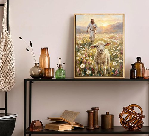Framed Jesus and Lamb Canvas Wall Art - Inspiring Christian Decor for Bedroom or Church