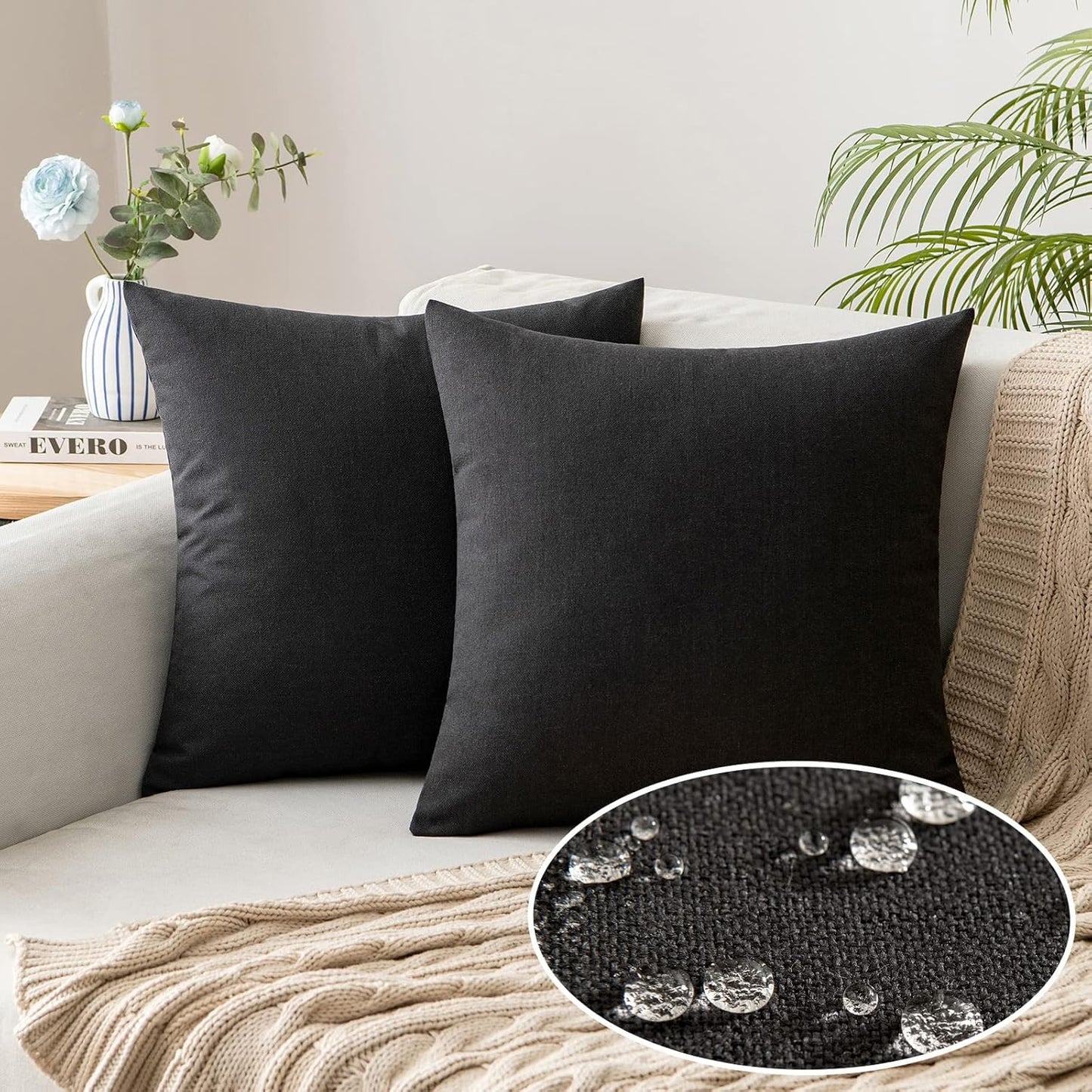 MIULEE Outdoor Throw Pillow Covers - Waterproof Decorative Linen Cushion Shams | 18x18 Inch, Black - Perfect for Fall & Halloween