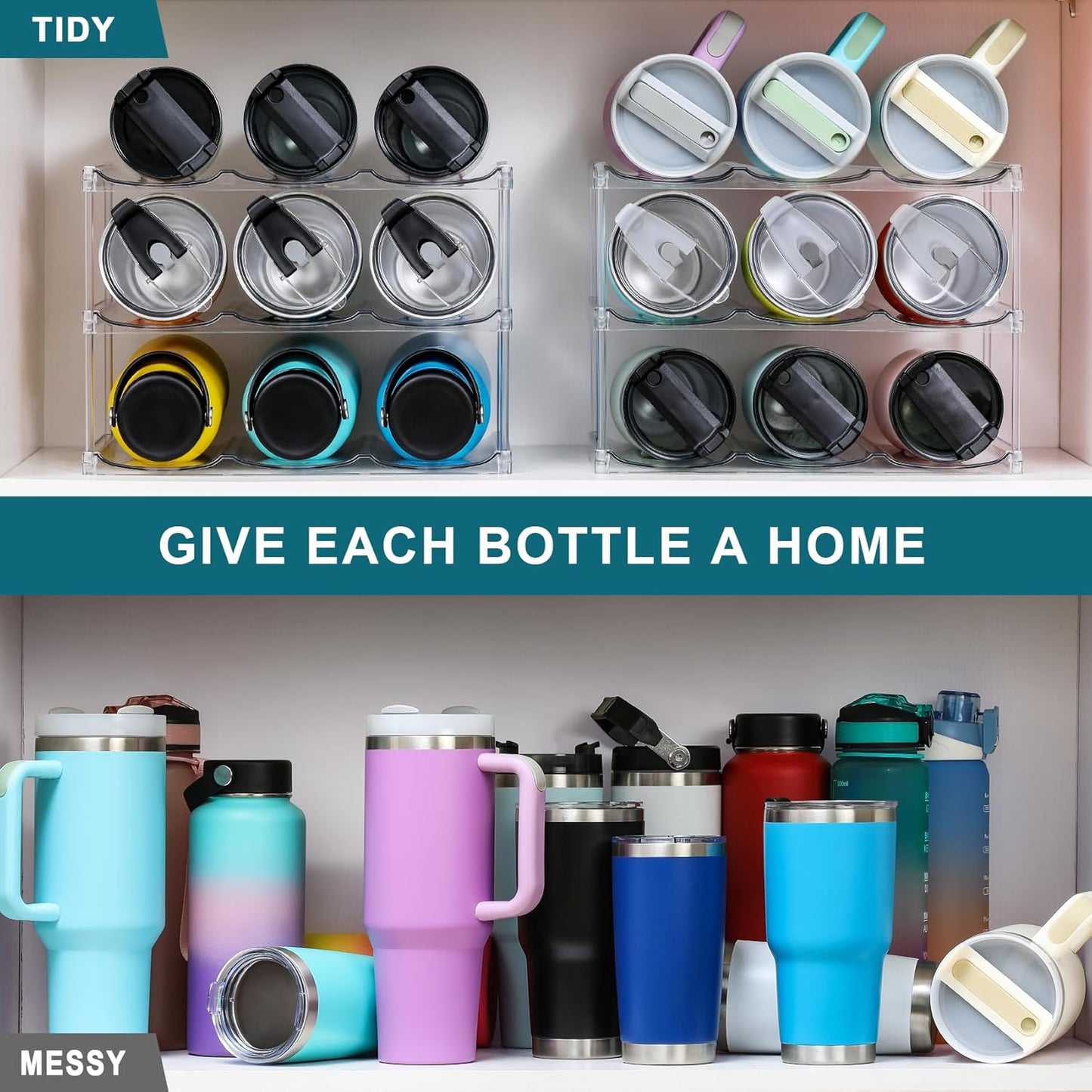 Skiennix Stackable Water Bottle Organizer - Large Compartment for Stanley Tumblers - Clear 3-Tier Holder for Cabinets & Countertops