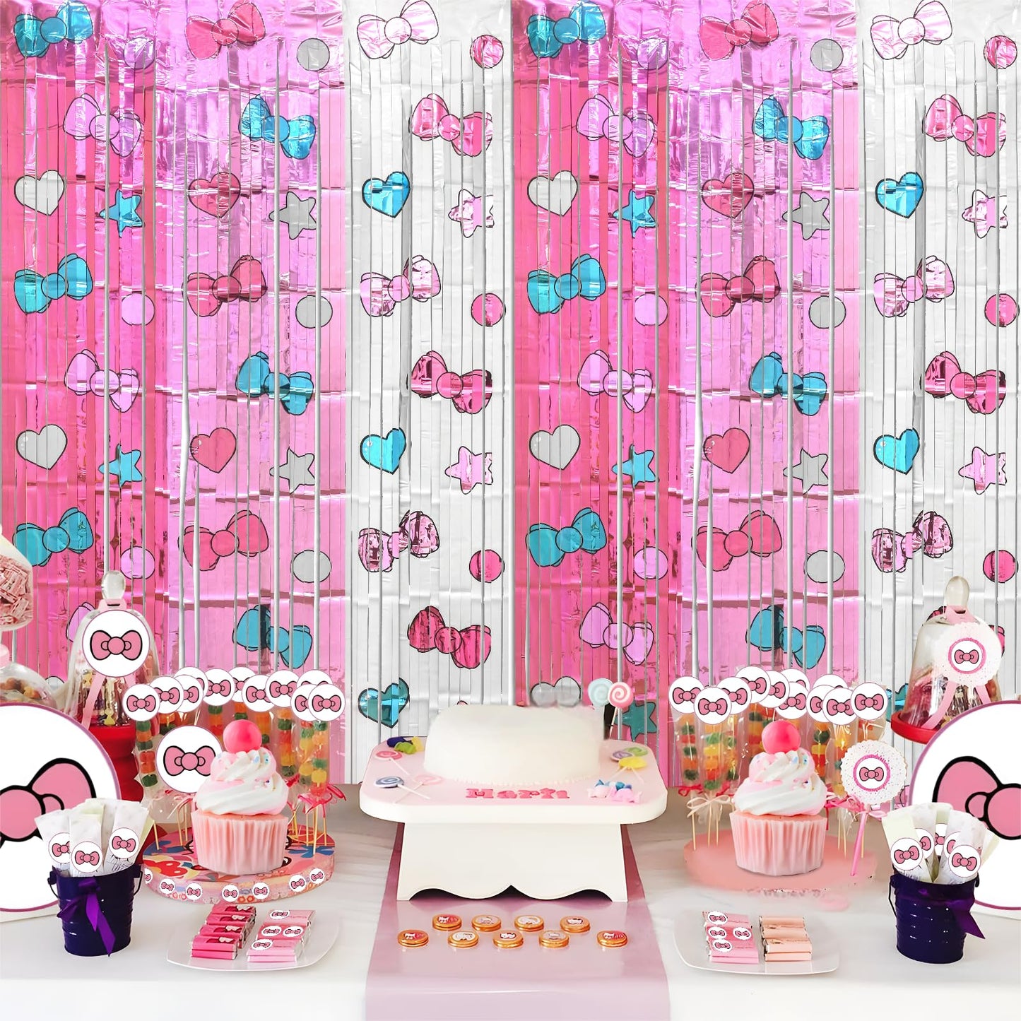 Bupelo Kawaii Birthday Decorations, 2 Pack Cartoon Cat Theme Party Supplies, 3.3 x 6.6ft Tinsel Foil Fringe Curtains, Bow Photo Booth Props, Backdrop Streamers, Perfect Room & Doorway Decor for Girls