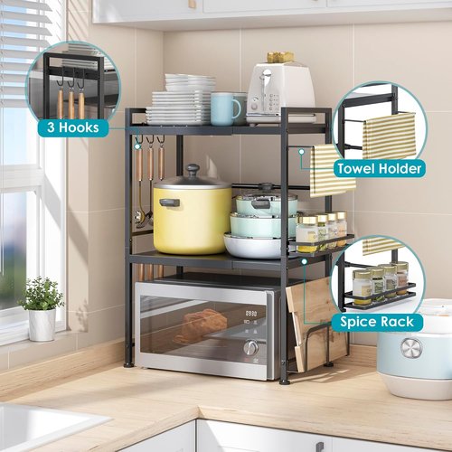 DOLALIKE Microwave Oven Rack - Expandable Kitchen Stand with 6 Hooks for Utensil Storage | Carbon Steel