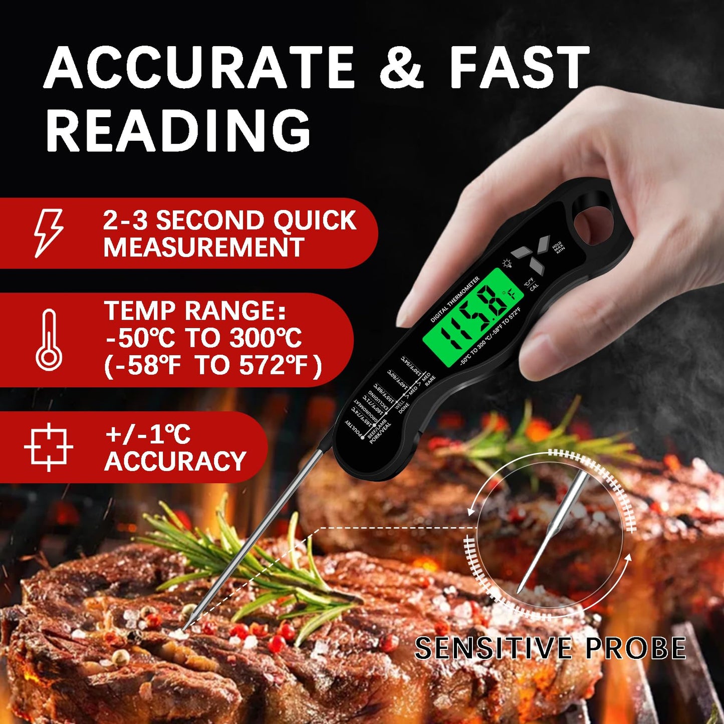 Meat Thermometer Digital，IP67 Waterproof Cooking Thermometer with Backlight, Calibration & Hold Function，Food Thermometer for Cooking,Outdoor Grilling