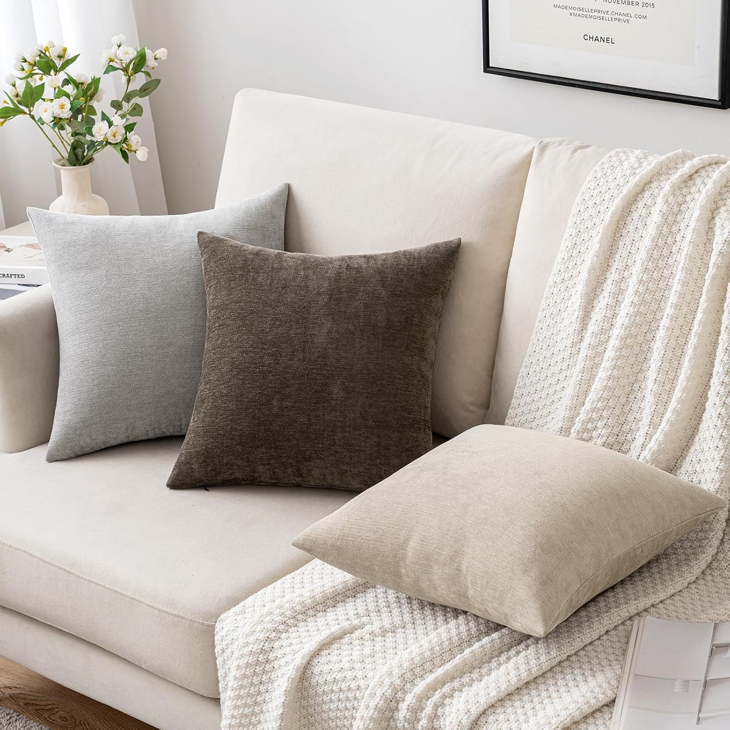 MIULEE Decorative Pillow Covers - Soft Chenille Farmhouse Cushions | Pack of 2, 16x16 Inch, Beige