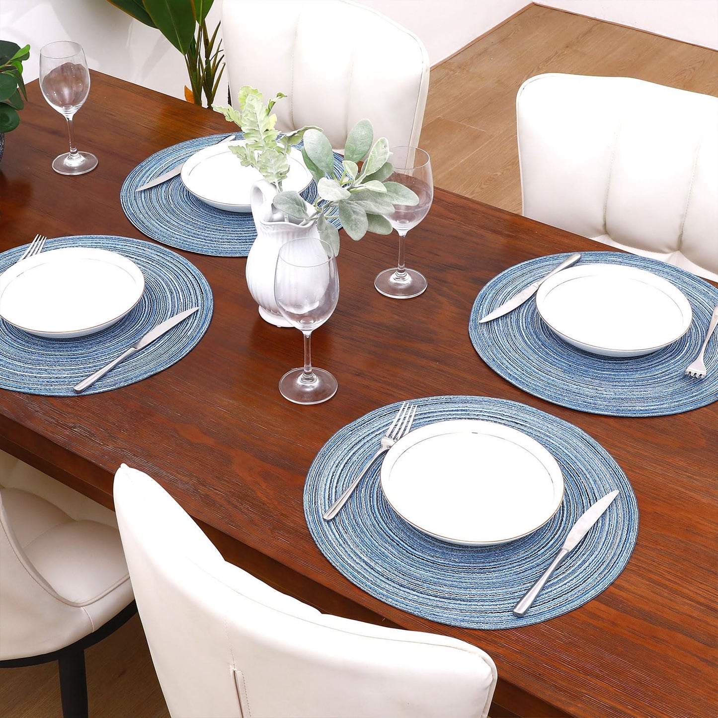 SHACOS Round Braided Placemats Set of 4 Dining Table Placemats 15 inch Circle Place Mats Easy to Clean Table Mats Indoor Outdoor, Blue Gray
