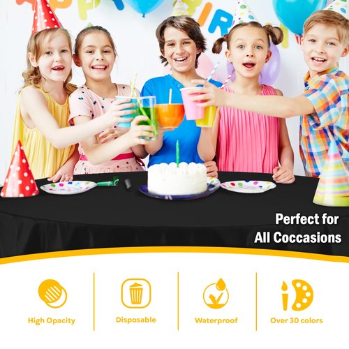 Exquisite 12-Pack Plastic Tablecloth 84 inch Round Value Pack Plastic Table Cover - Black