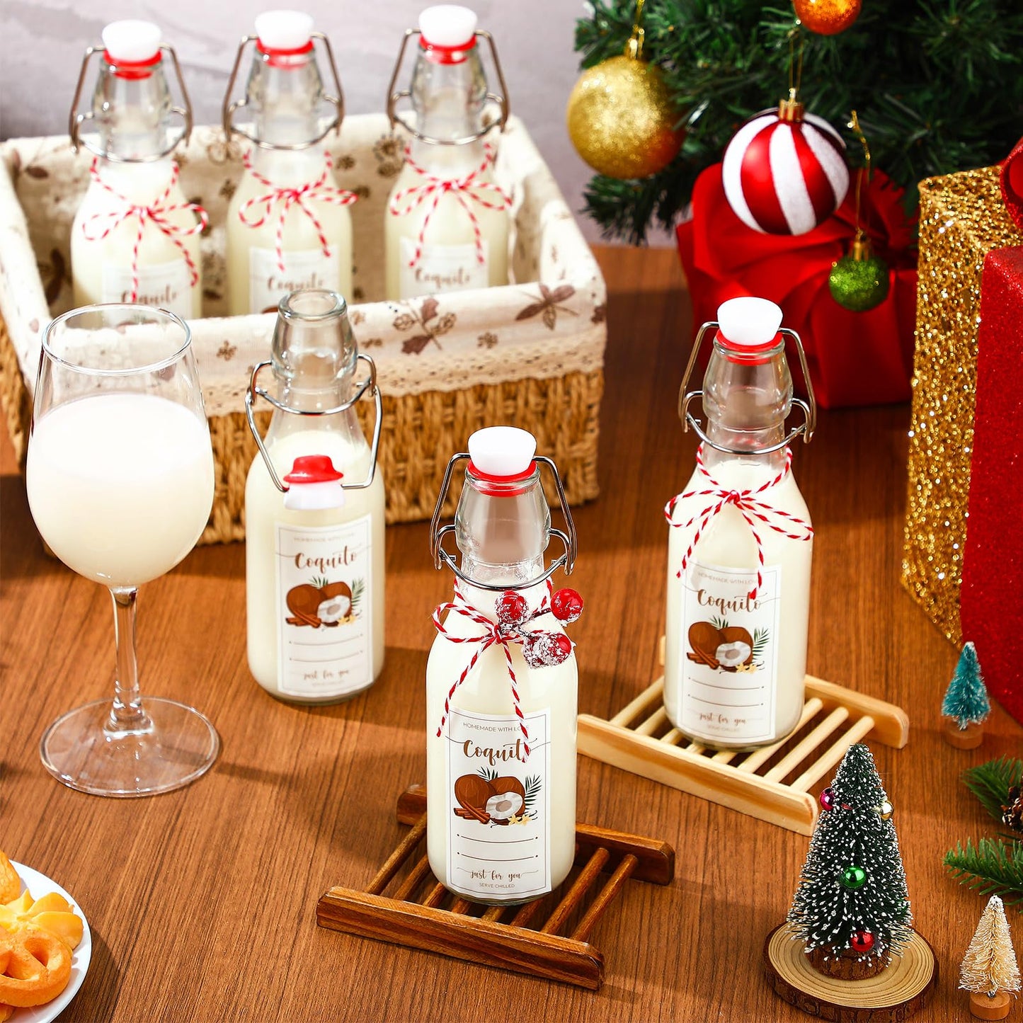 Havawish 16 Pcs Merry Christmas 8 oz Coquito Swing Top Glass Bottles with Airtight Cap Lids Labels Clear Flip Top Bottles with Stoppers for Homemade Christmas Home Brewing Beer Beverages(Coconut)