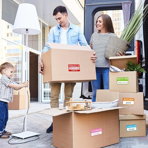 340 Home Moving Labels - Color-Coded Packing Box Stickers with Fragile & Customizable Options | 3.4 x 2 Inches