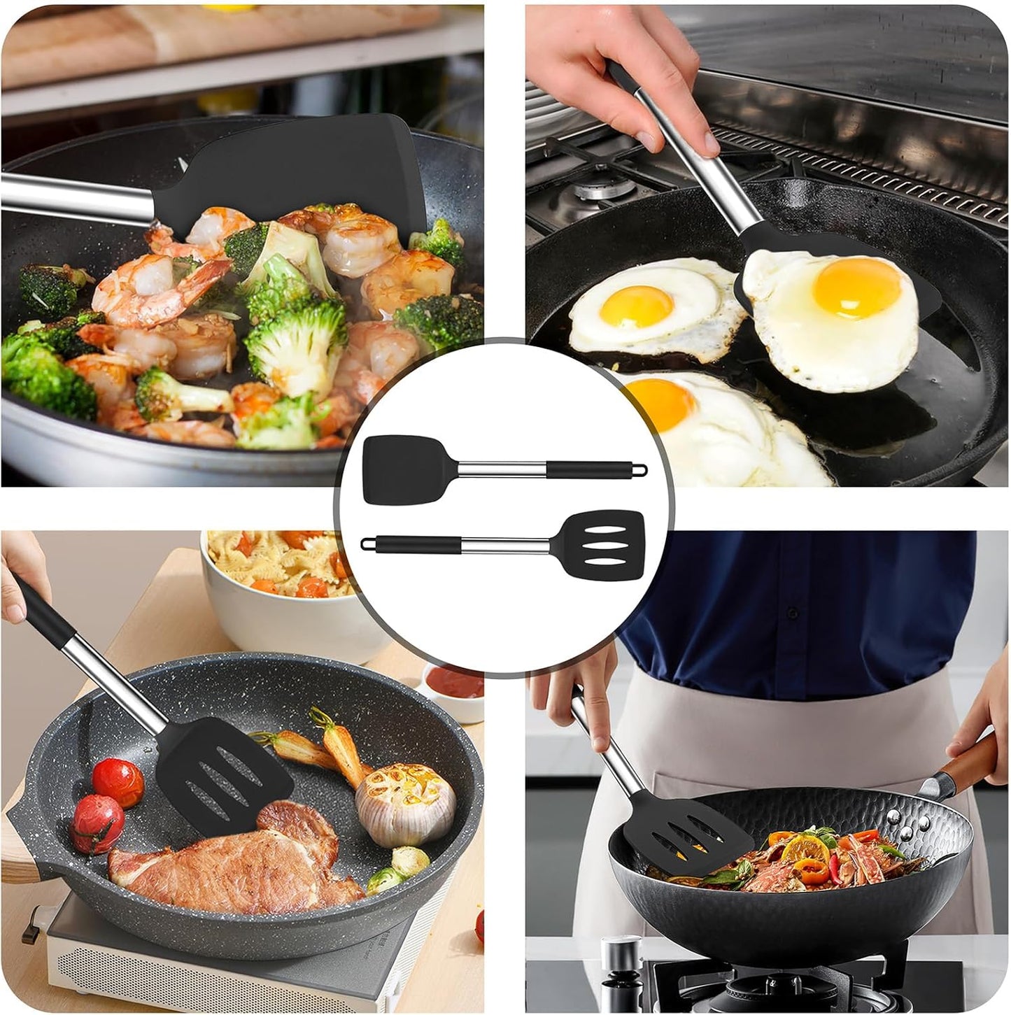 TeamFar Silicone Cooking Utensils Set - 4 PCS Heat-Proof Non-Stick Spatula & Spoon Set with Stainless Steel Handle - Black
